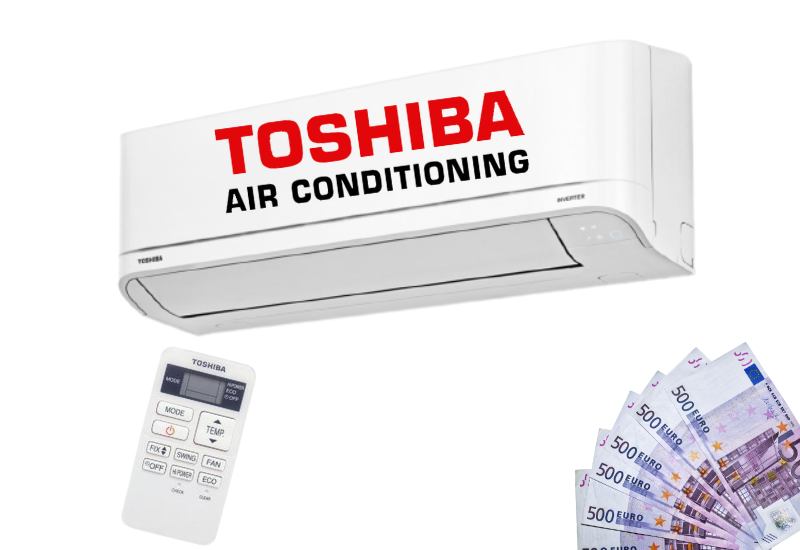 climatisation Toshiba avec télécommande et billets de banque