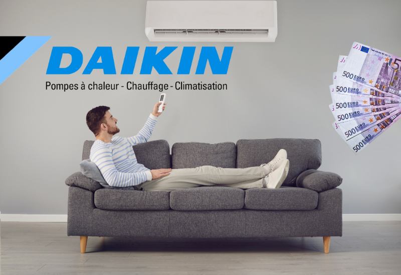 homme dans son canapé avec climatisation et logo daikin avec billets de banques