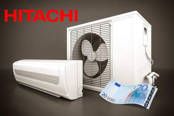 unité exterieure et split de climatisation hitachi avec billet euro et logo hitachi
