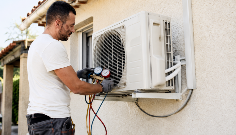 Technicien réparant un climatiseur extérieur
